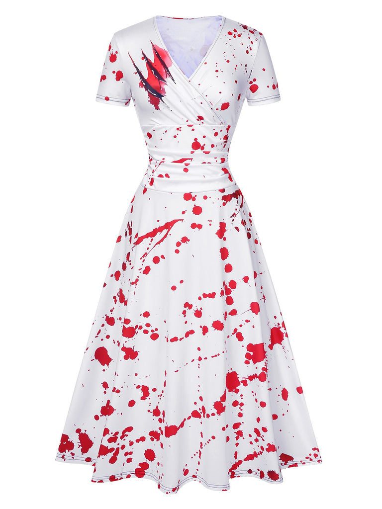 White 1940s Halloween Bloodstains V-Neck Dress