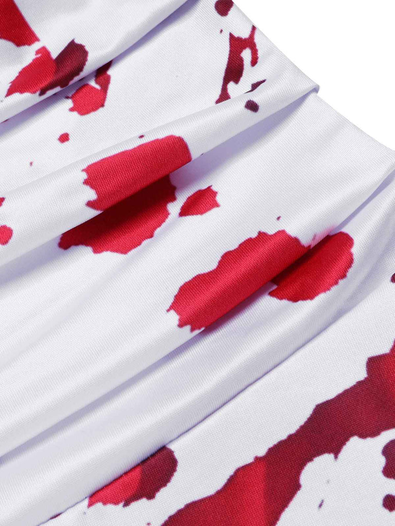 White 1940s Halloween Bloodstains V-Neck Dress