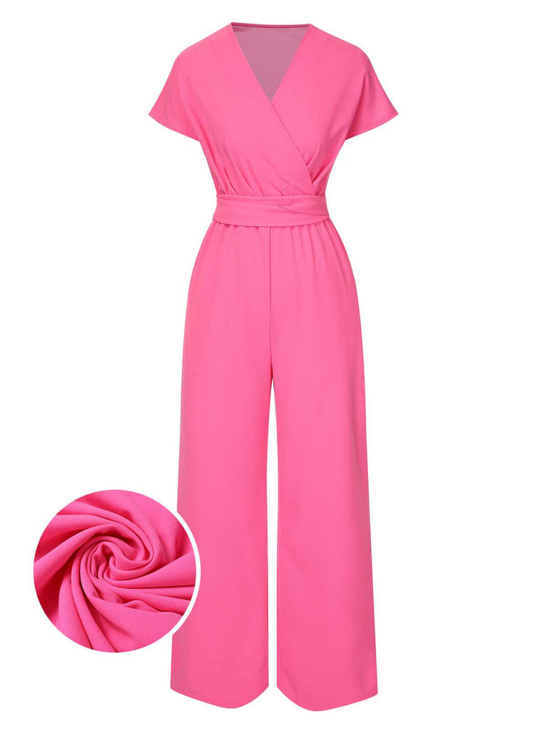 1960s V-Neck Belted Solid Jumpsuit