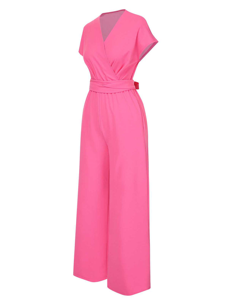 1960s V-Neck Belted Solid Jumpsuit