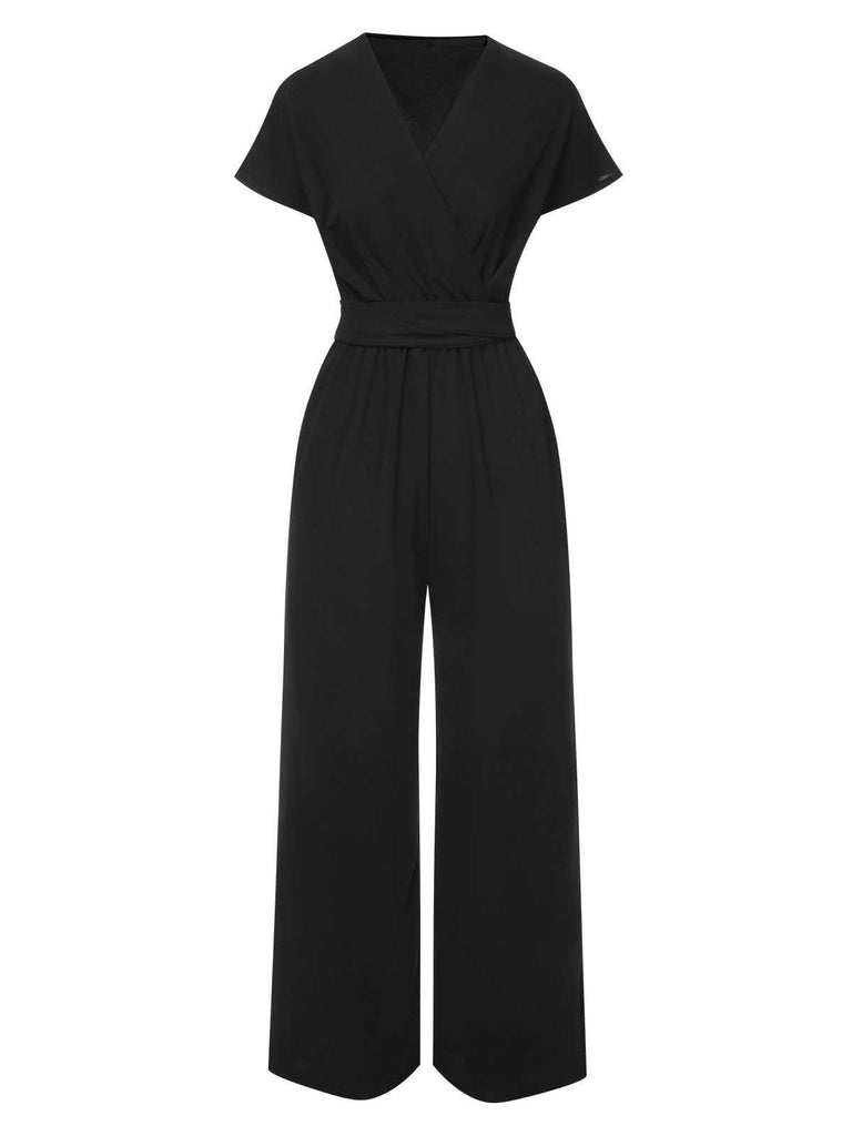 1960s V-Neck Belted Solid Jumpsuit