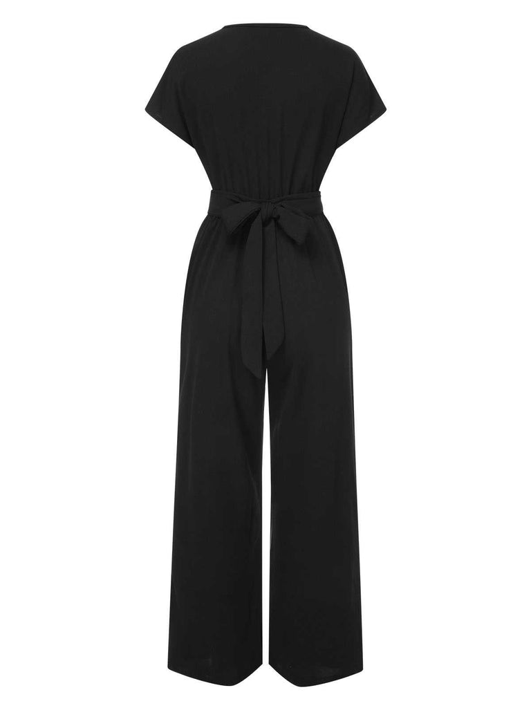 1960s V-Neck Belted Solid Jumpsuit