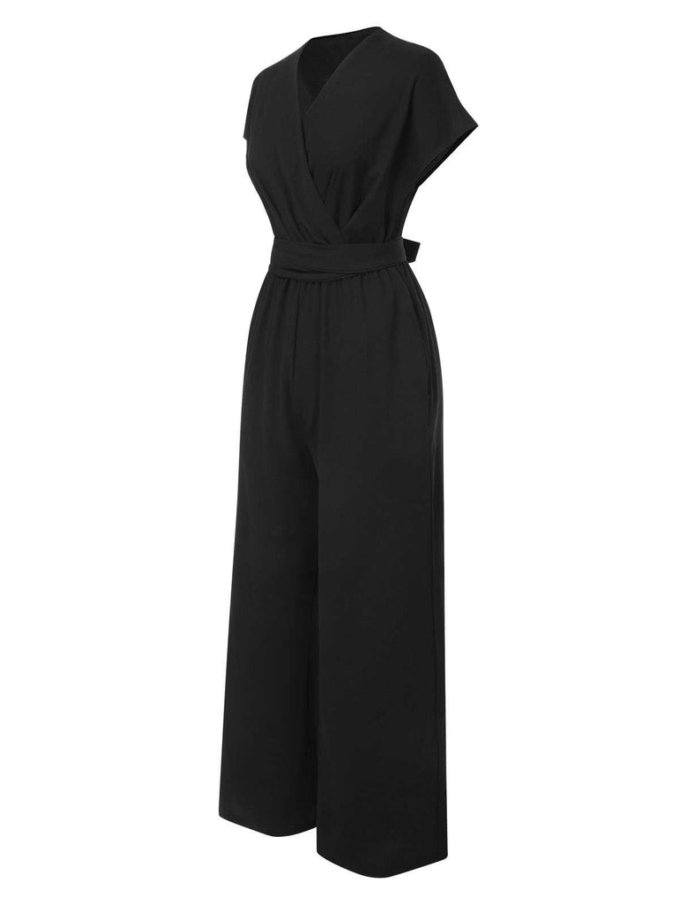 1960s V-Neck Belted Solid Jumpsuit