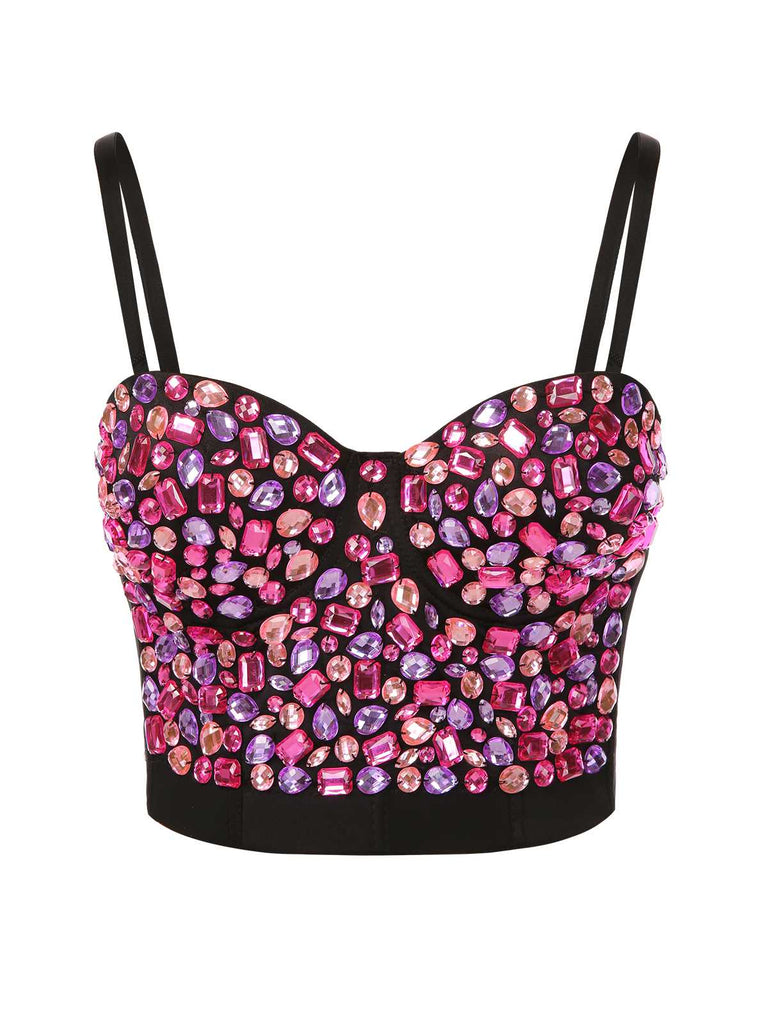 1970s Spaghetti Strap 3D Rhinestone Embellished Crop Top