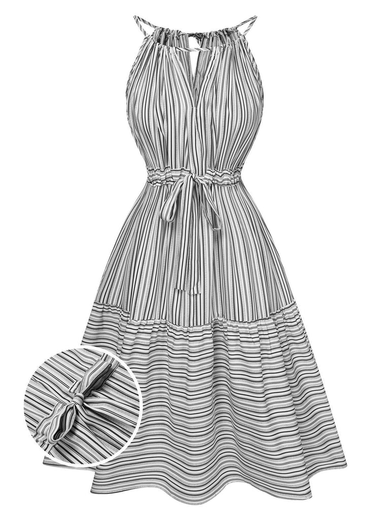 Grey 1940s Striped Pleated Belt Dress