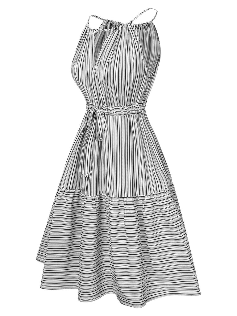 Grey 1940s Striped Pleated Belt Dress