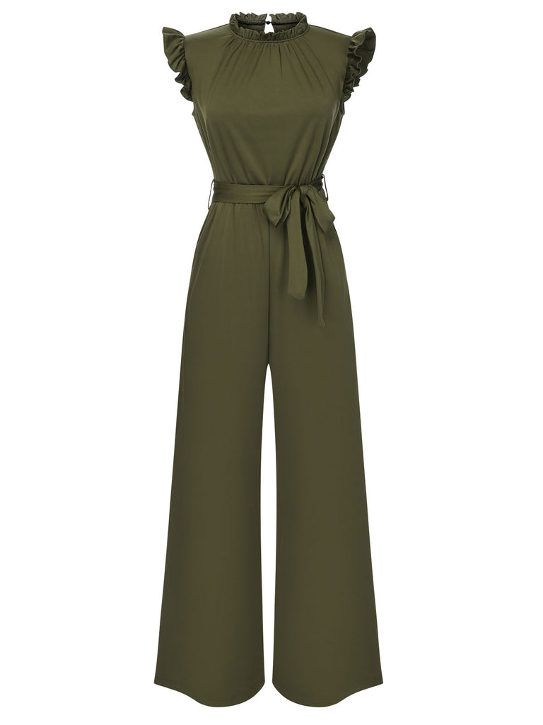 1960s Ruffles Sleeve High Waist Wide-Leg Belted Jumpsuit