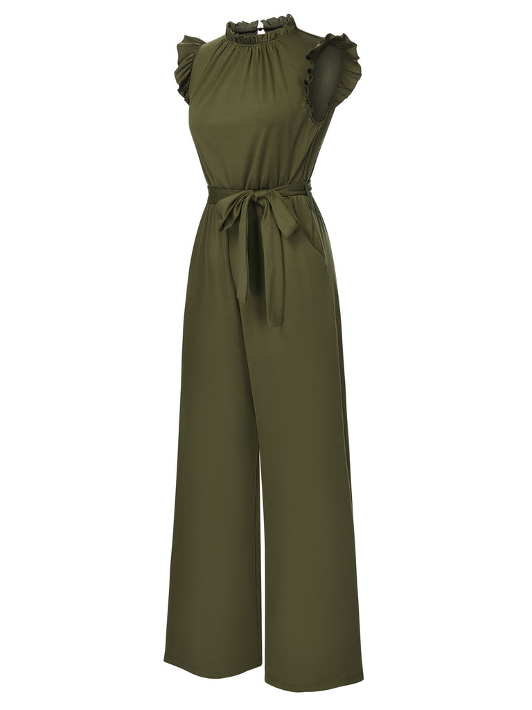 1960s Ruffles Sleeve High Waist Wide-Leg Belted Jumpsuit