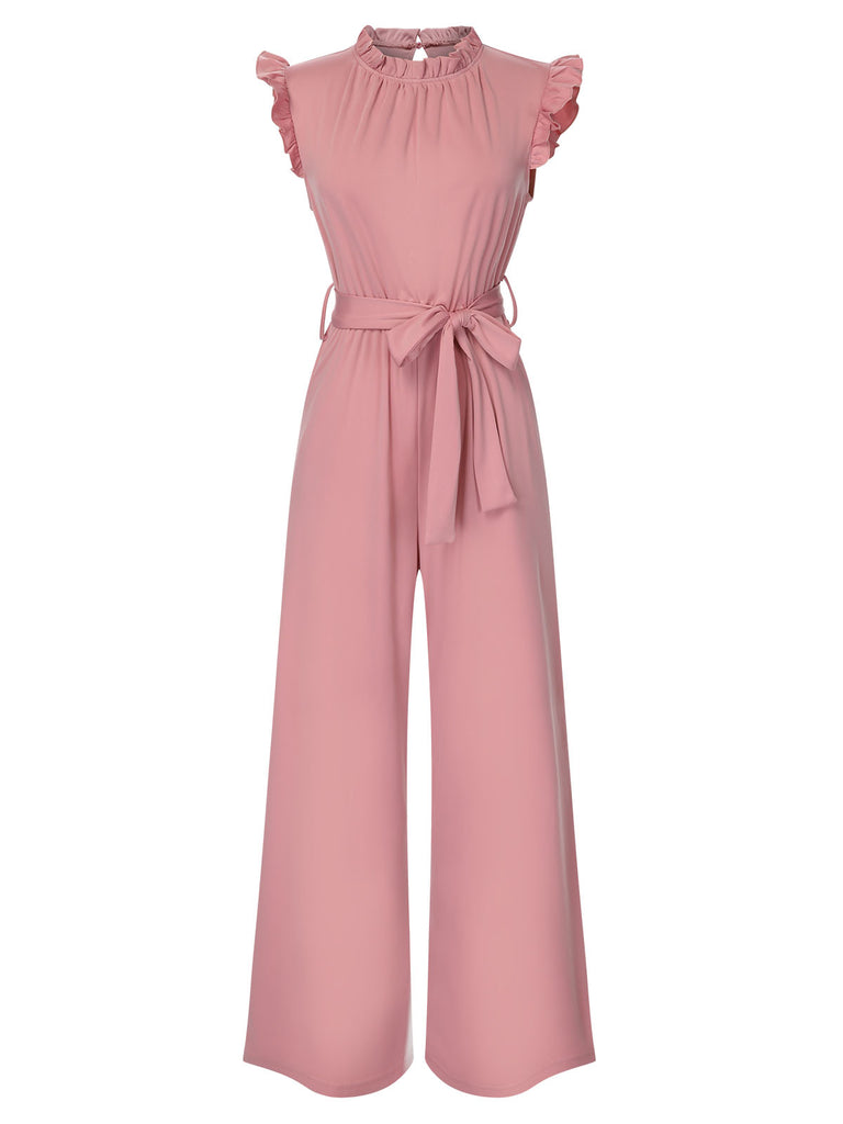 1960s Ruffles Sleeve High Waist Wide-Leg Belted Jumpsuit