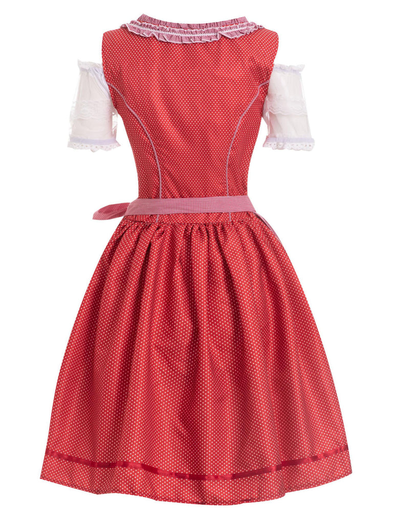 Red 1950s Lace Puff Patchwork Dress & Gingham Apron