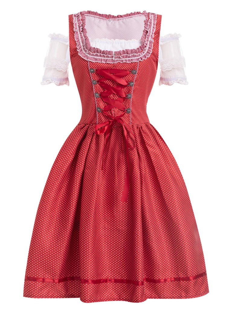 Red 1950s Lace Puff Patchwork Dress & Gingham Apron