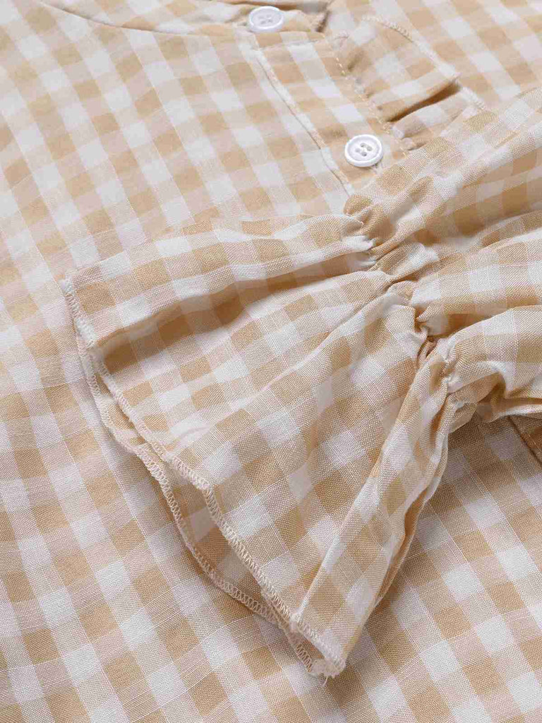 1960s Wrinkle Flare Cuff Gingham Plaid Blouse