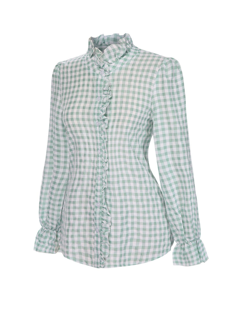 1960s Wrinkle Flare Cuff Gingham Plaid Blouse