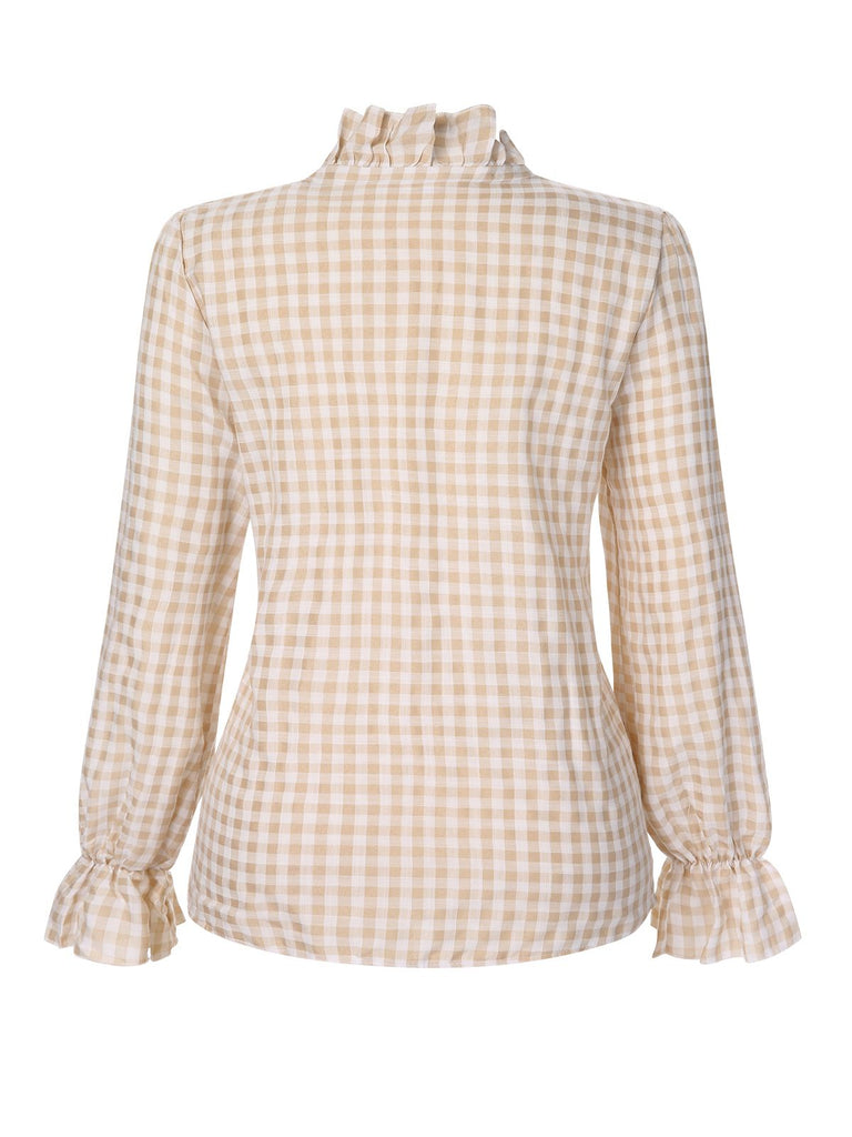 1960s Wrinkle Flare Cuff Gingham Plaid Blouse