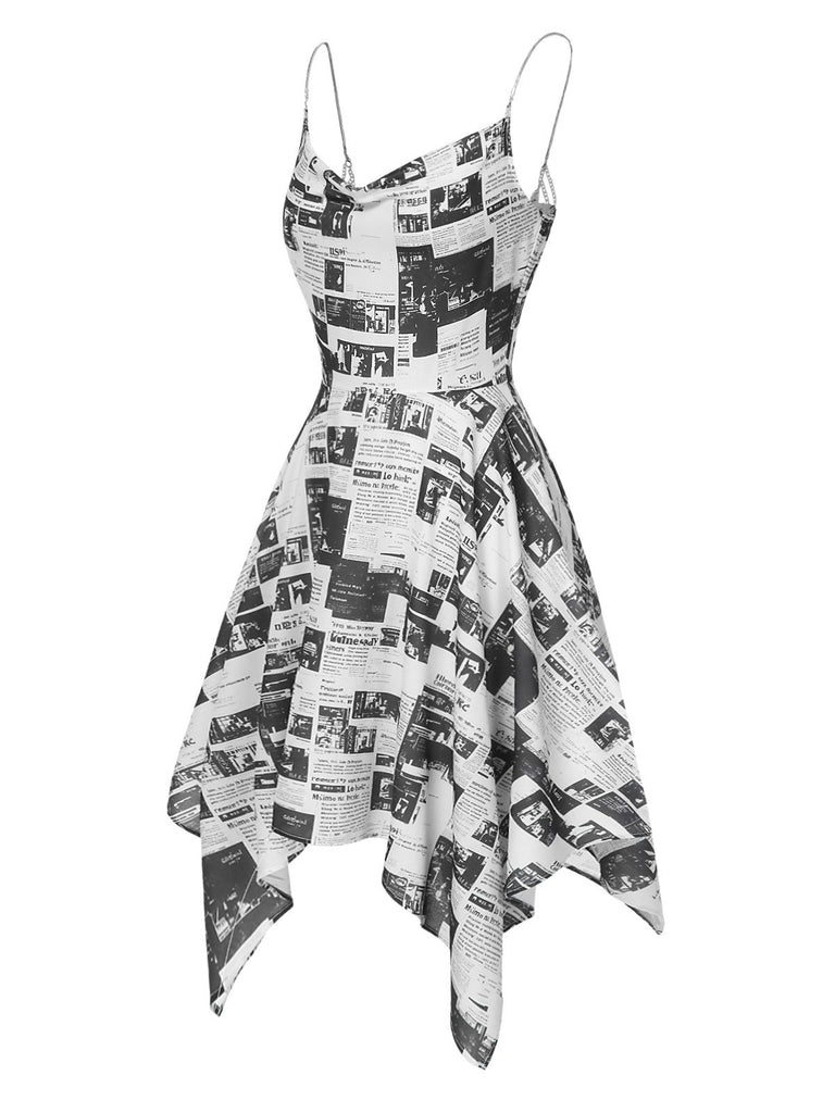 [Pre-Sale] Gray 1970s Spaghetti Straps Cowl Neck Newspaper Dress