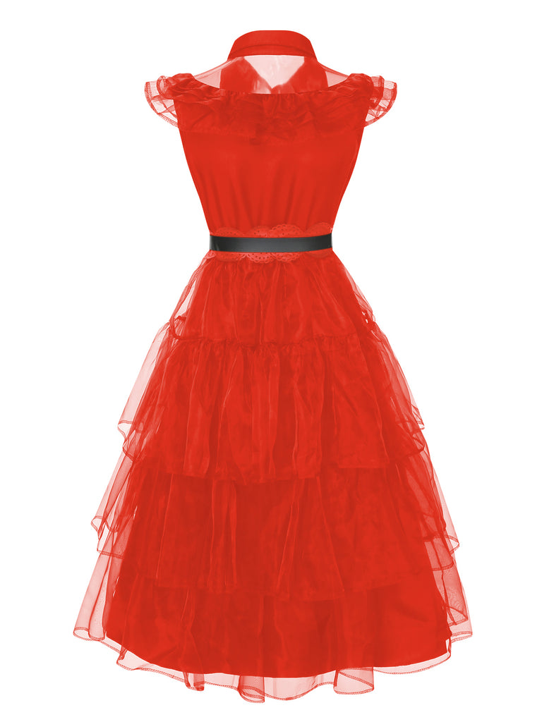 Red 1950s Halloween Lace Belt Dress