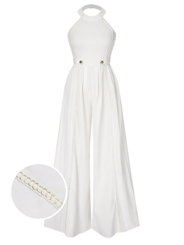 White 1930s Solid Chain Embellished Halter Jumpsuit