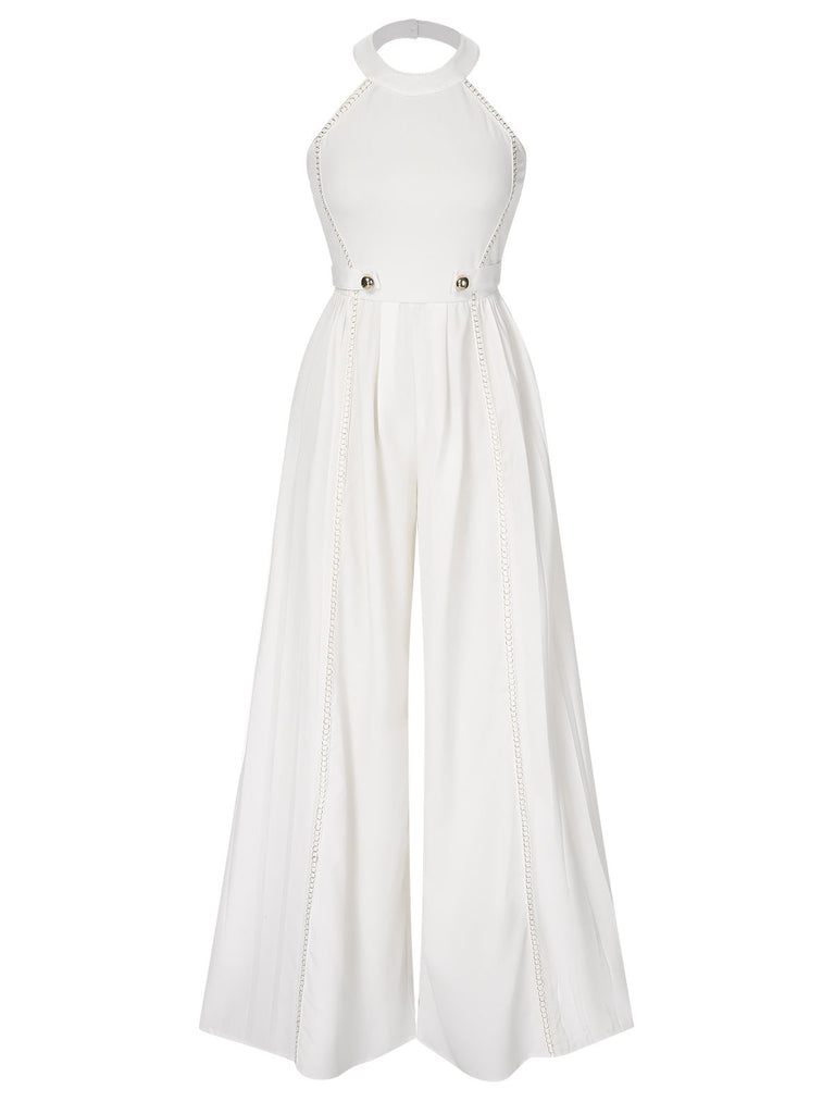 White 1930s Solid Chain Embellished Halter Jumpsuit