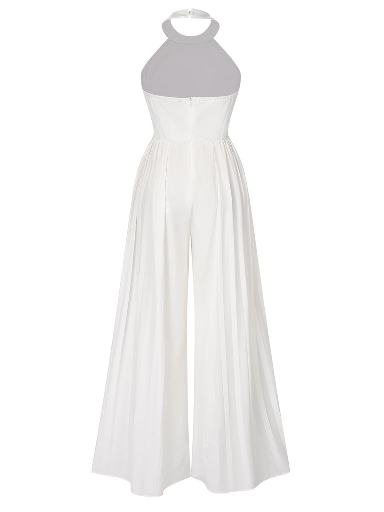 White 1930s Solid Chain Embellished Halter Jumpsuit