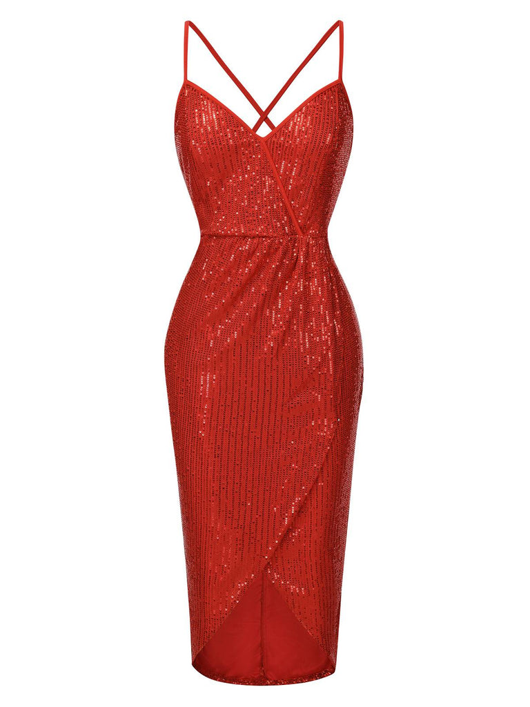 Red 1980s Tulip Hem Strap Sequined Dress