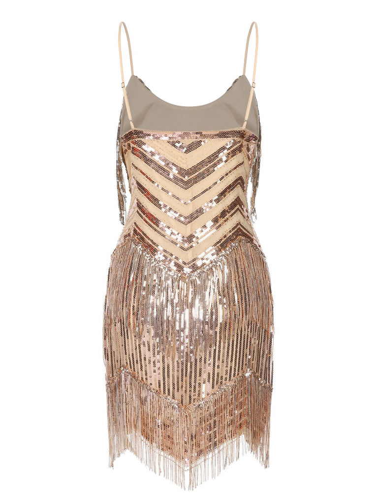 Beige 1920s Spaghetti Strap Fringe Sequins Party Dress