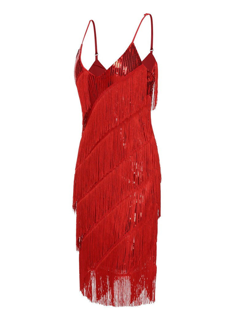 Red 1920s Spaghetti Strap Sequin Fringe Dress