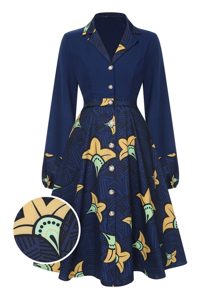 Dark Blue 1940s Lapel Cartoon Floral Dress