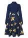 Dark Blue 1940s Lapel Cartoon Floral Dress