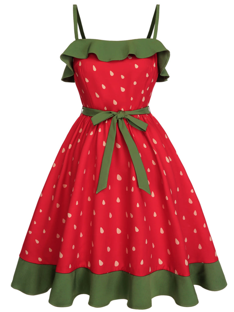 [Plus Size] Red 1950s Strawberry Ruffle Belt Dress