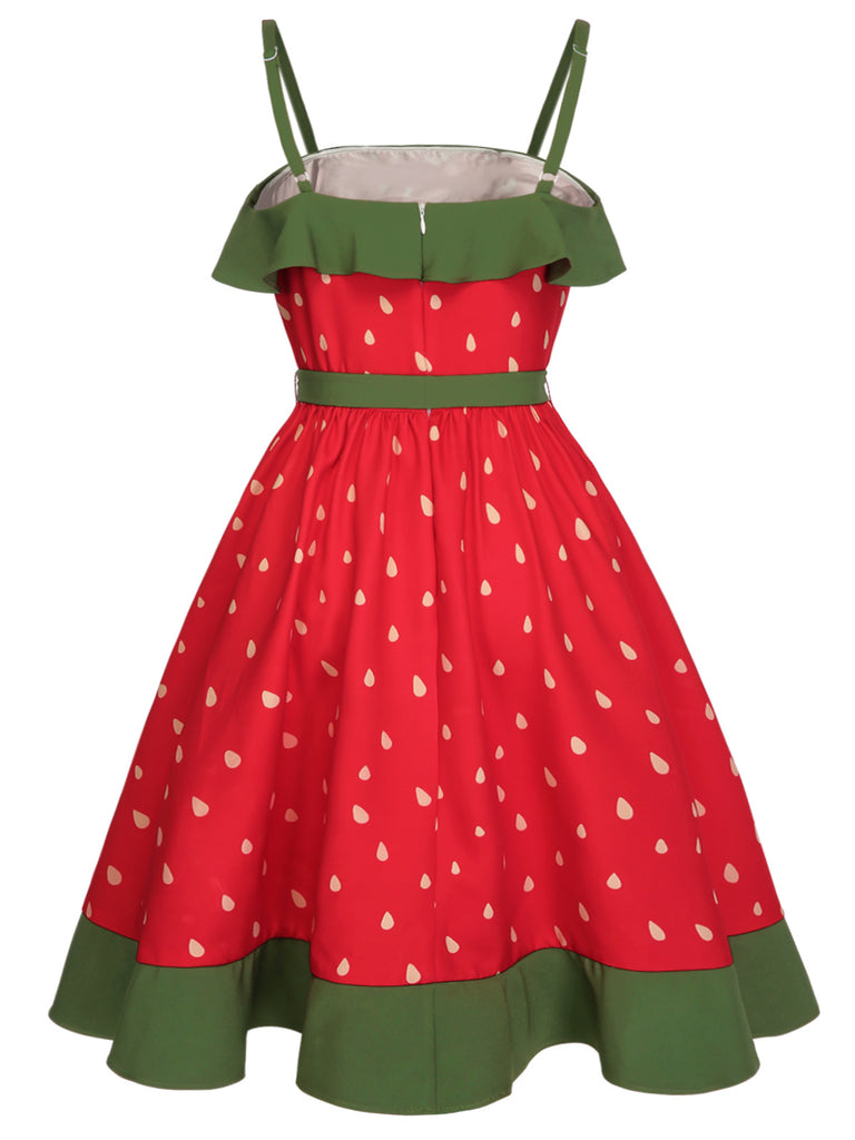 [Plus Size] Red 1950s Strawberry Ruffle Belt Dress