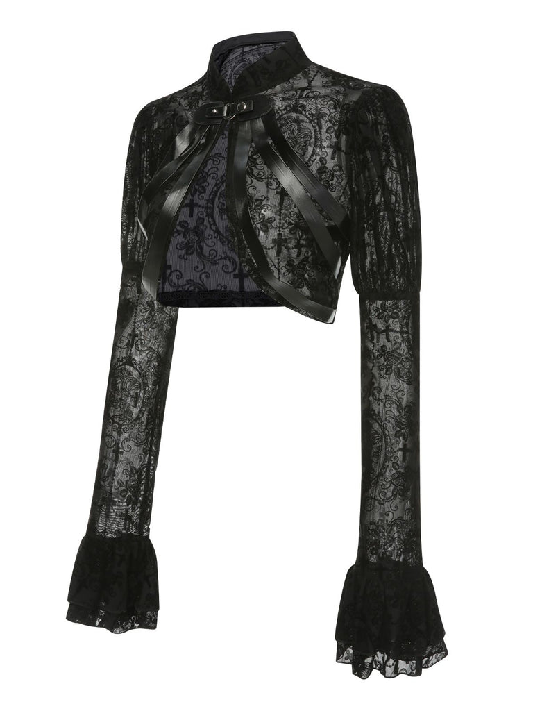 Black 1960s Halloween Lace Gothic Buckle Top