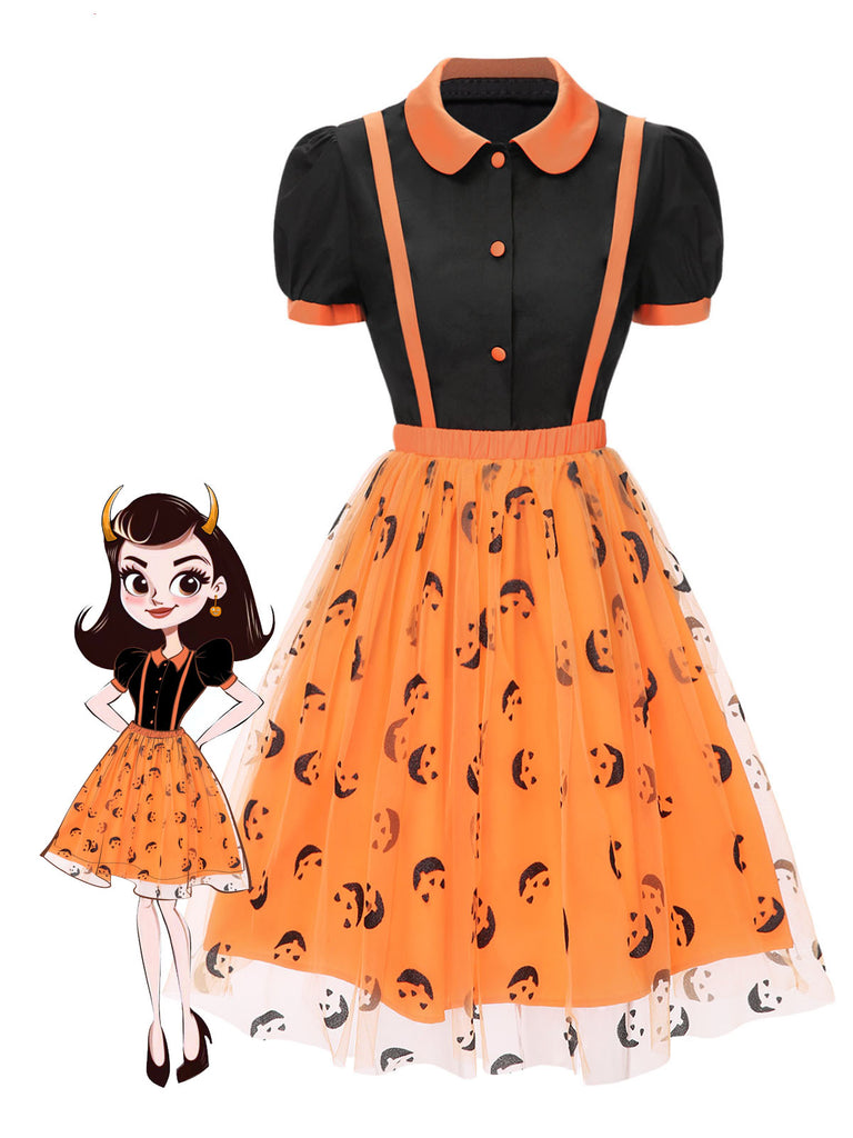 [Pre-Sale] 2PCS 1940s Halloween Peter Pan Collar Blouse & Smiley Face Mesh Skirt