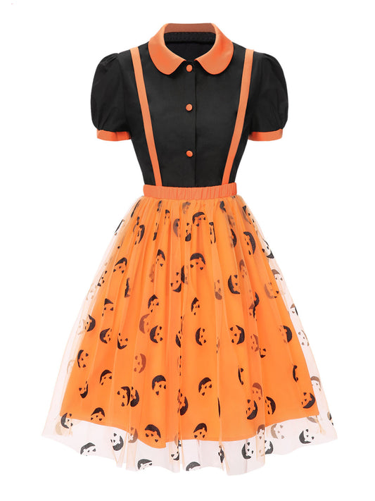 2PCS 1940s Halloween Peter Pan Collar Blouse & Smiley Face Mesh Skirt