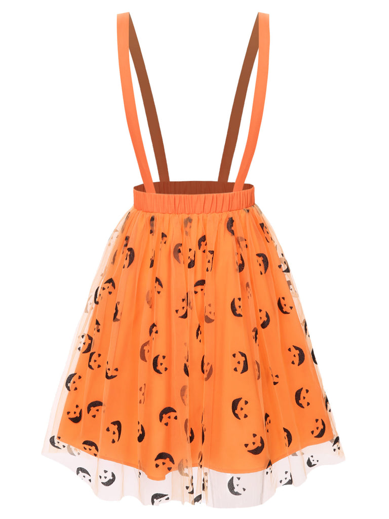 [Pre-Sale] Orange 1940s Halloween Smiley Face Mesh Suspender Skirt