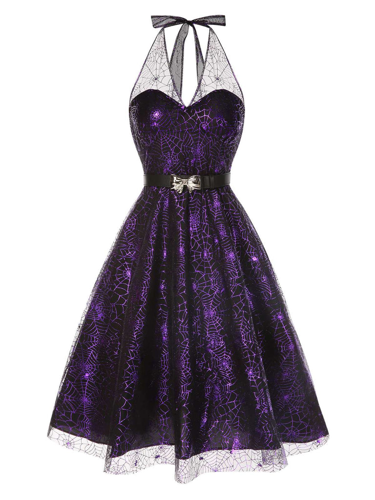 Purple 1950s Laser Mesh Spiderweb Halter Dress