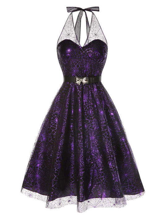 [Pre-Sale] Purple 1950s Laser Mesh Spiderweb Halter Dress