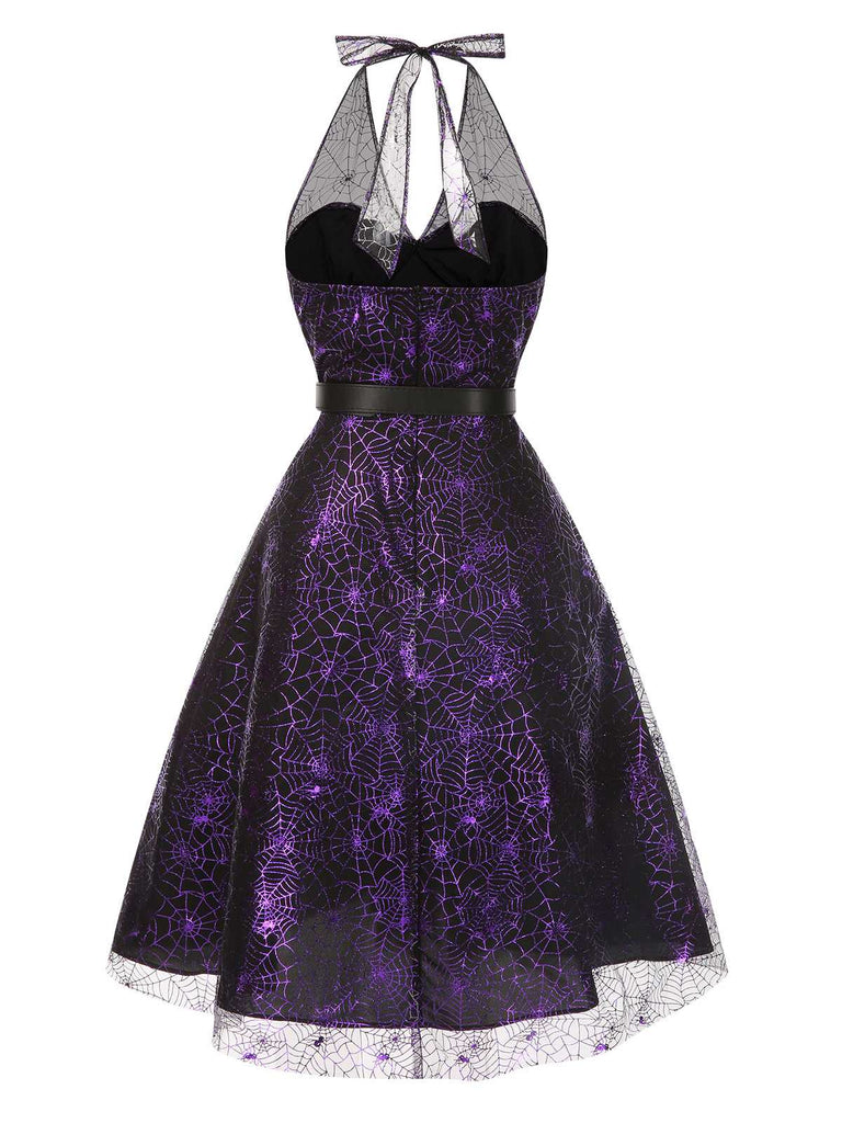 Purple 1950s Laser Mesh Spiderweb Halter Dress