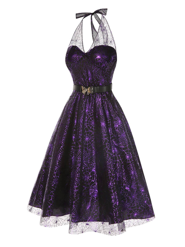 Purple 1950s Laser Mesh Spiderweb Halter Dress