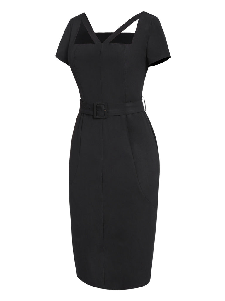 [Pre-Sale] Black 1960s Solid Square Neck Belted Dress