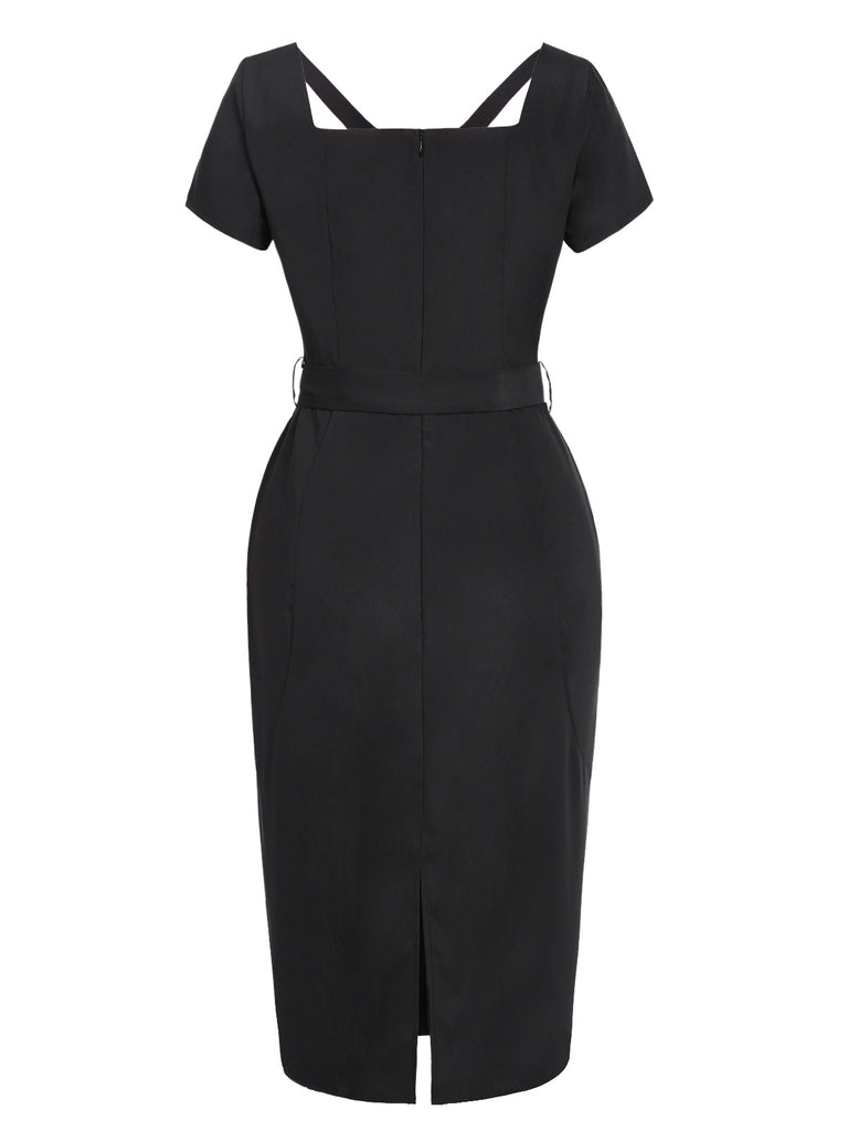 [Pre-Sale] Black 1960s Solid Square Neck Belted Dress