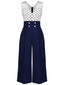 [Plus Size] Dark Blue 1930s Polka Dot Patchwork Jumpsuit