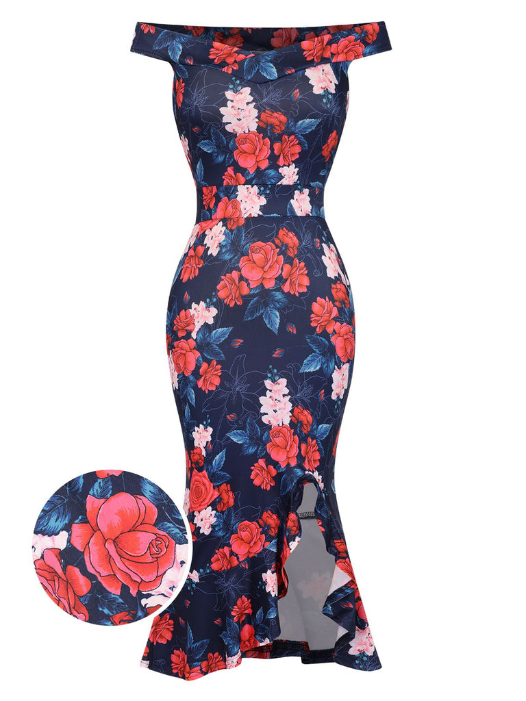 Dark Blue 1930s Rose Fishtail Dress