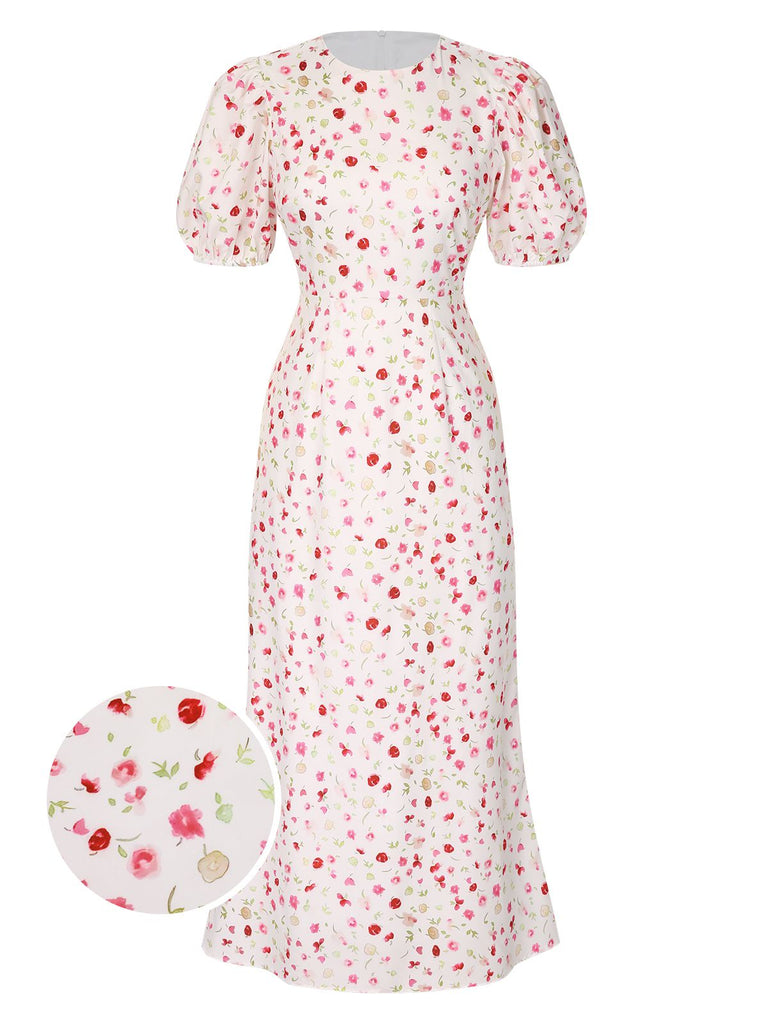 White 1930s Ditsy Floral Puff Sleeve Fishtail Dress