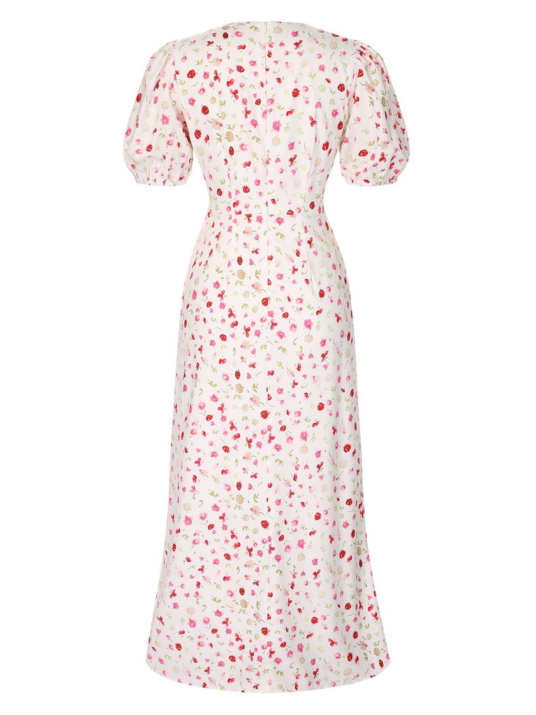 White 1930s Ditsy Floral Puff Sleeve Fishtail Dress