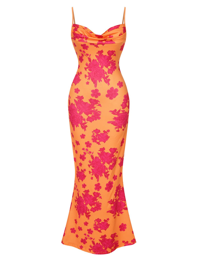 Orange 1930s Floral Cowl Neck Fishtail Dress