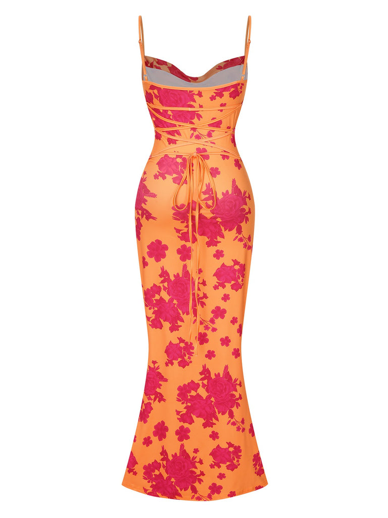 Orange 1930s Floral Cowl Neck Fishtail Dress