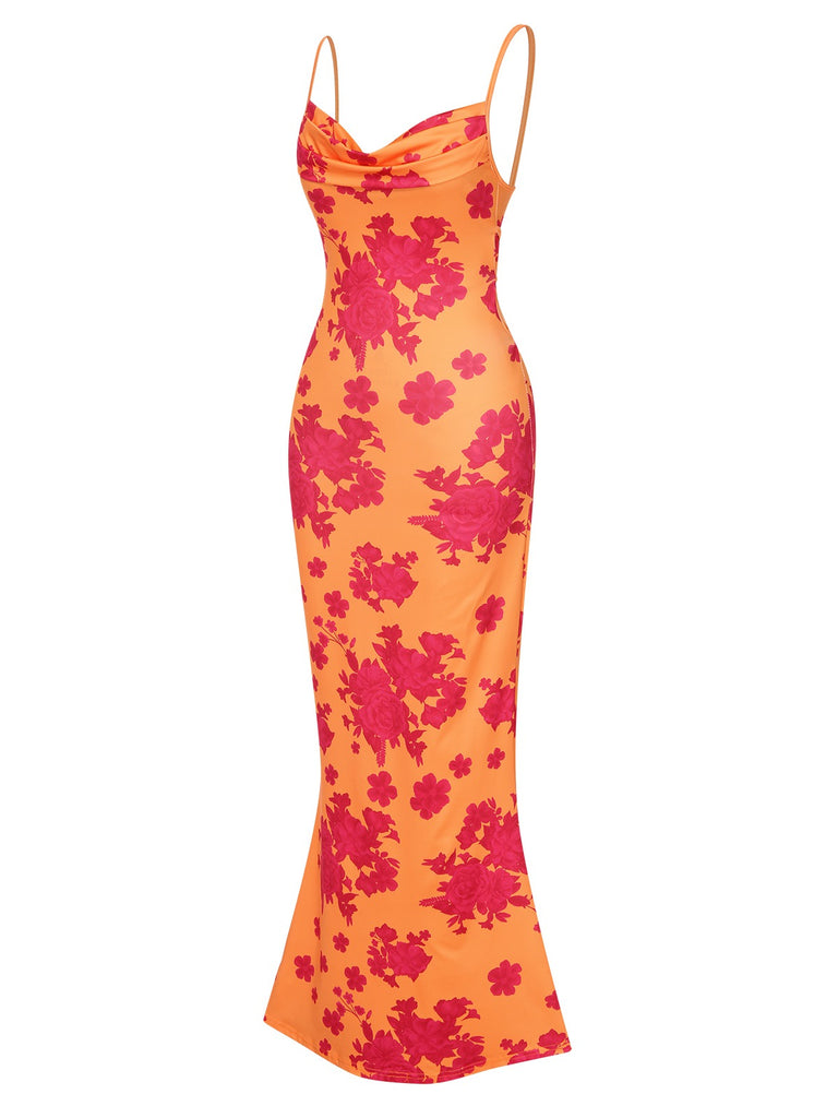 Orange 1930s Floral Cowl Neck Fishtail Dress