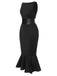 Black 1930s Solid Leather Patchwork Fishtail Dress