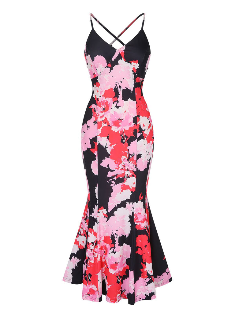 Pink 1930s Spaghetti Strap Floral Mermaid Dress