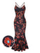 Black 1930s Floral Straps Fishtail Dress